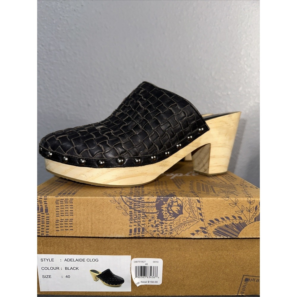 Free People Adelaide Woven‎ Basketweave Clog Leather Platform Wooden Mule Black